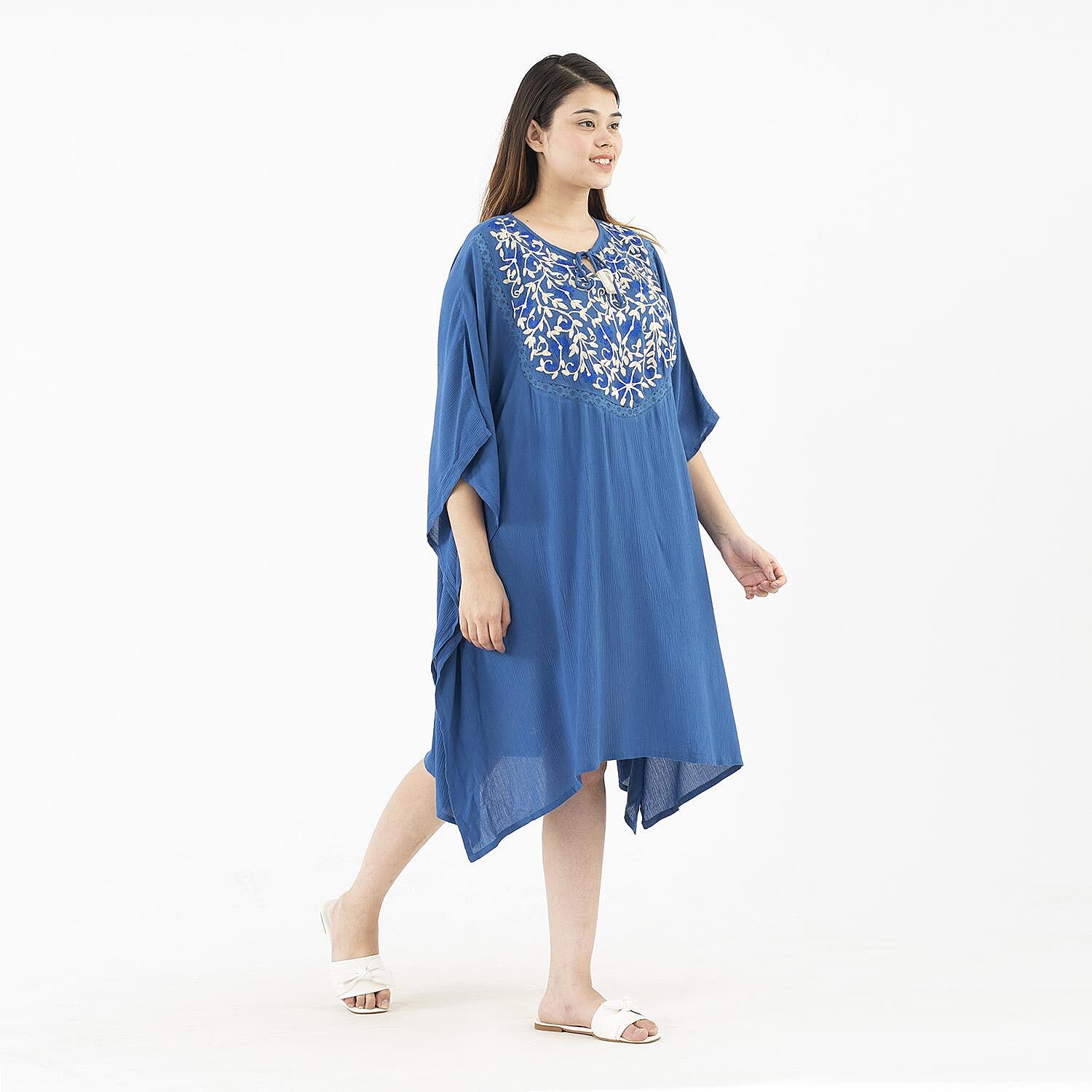 Tamsy Blue Front Neck Embroidered Kaftan with Lace - One Size Fits Most