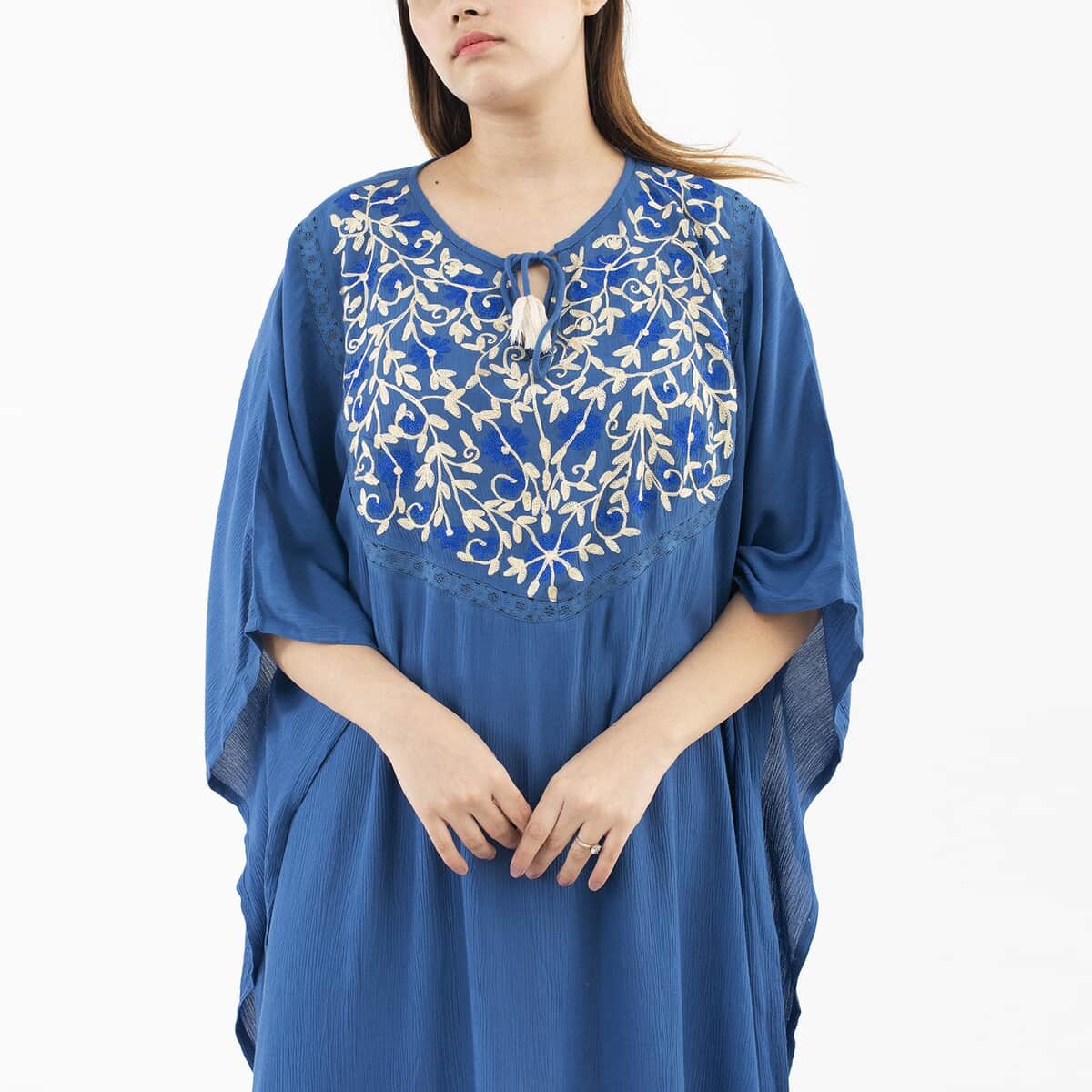 Tamsy Blue Front Neck Embroidered Kaftan with Lace - One Size Fits Most image number 3