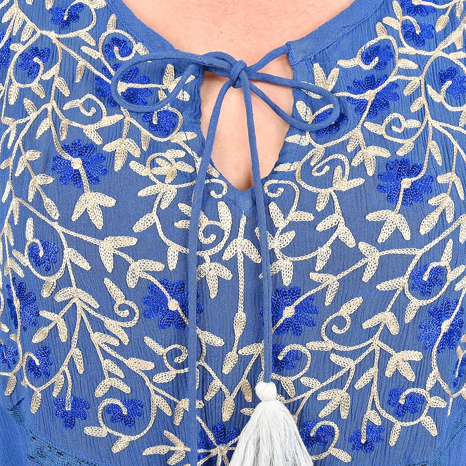 Tamsy Blue Front Neck Embroidered Kaftan with Lace - One Size Fits Most