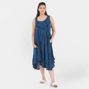 Tamsy Navy Color Umbrella Dress with Pockets - One Size Plus