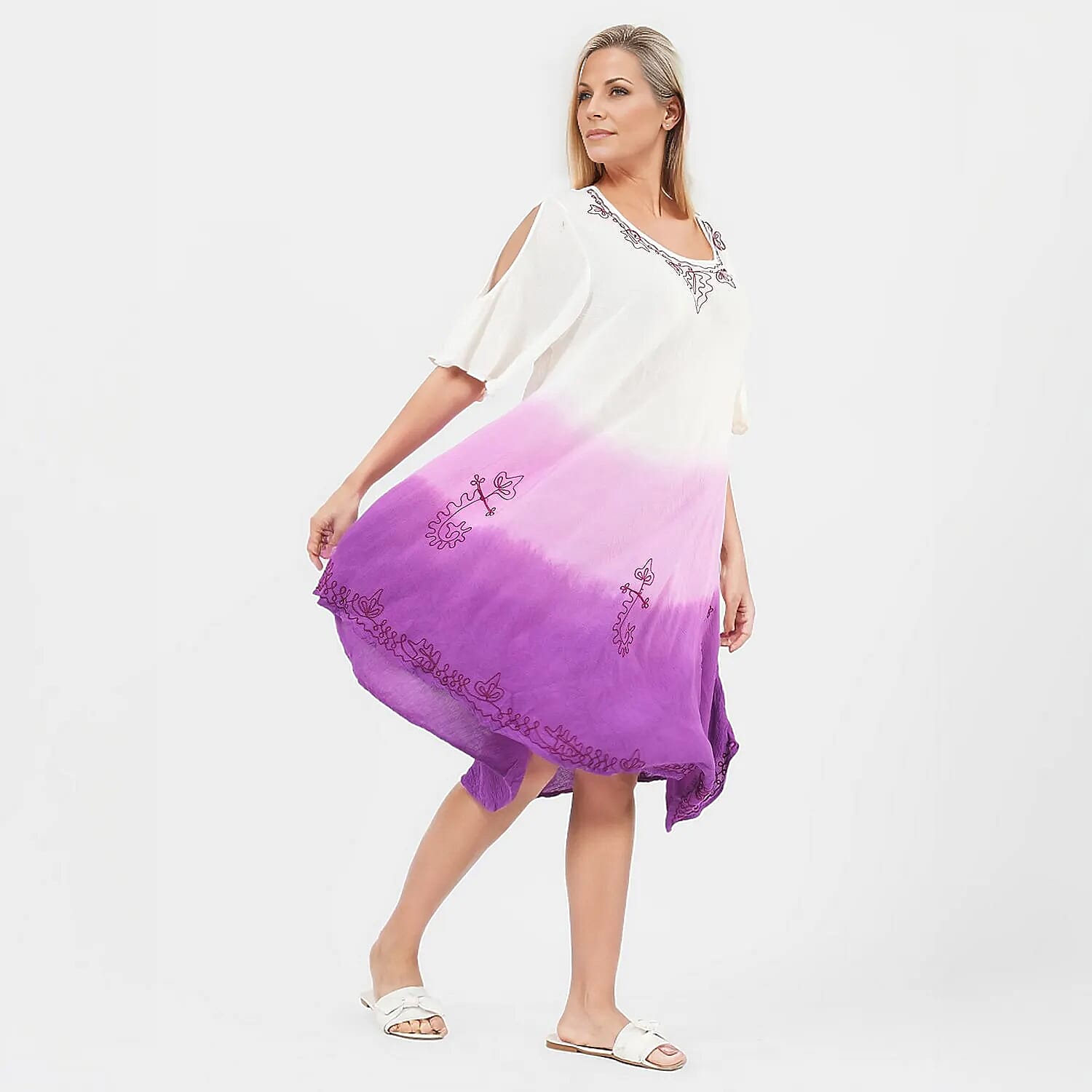 Tamsy White & Purple Tie Dye Umbrella Dress - One Size Missy