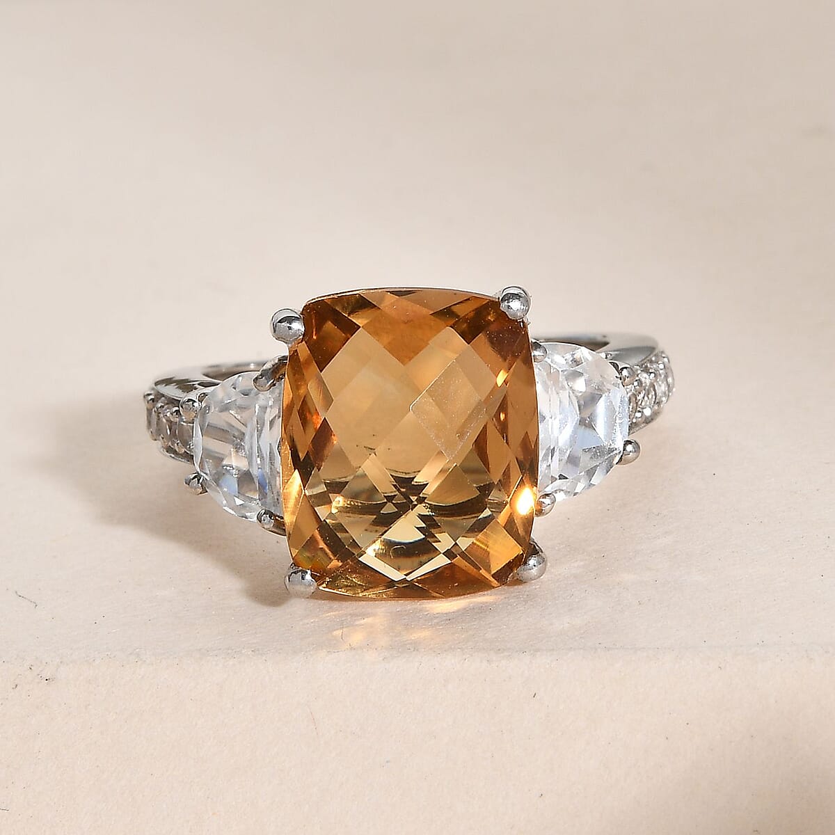 Brazilian Citrine and Natural White Zircon Ring in Platinum Over Sterling Silver 6.50 ctw image number 1