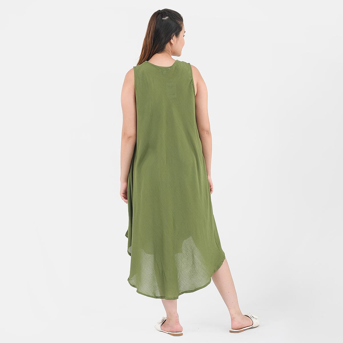 Tamsy, 100% RAYON, UMBRELLA DRESS , SIZE-ONE SIZE MISSY, COLOR- OLIVE image number 1