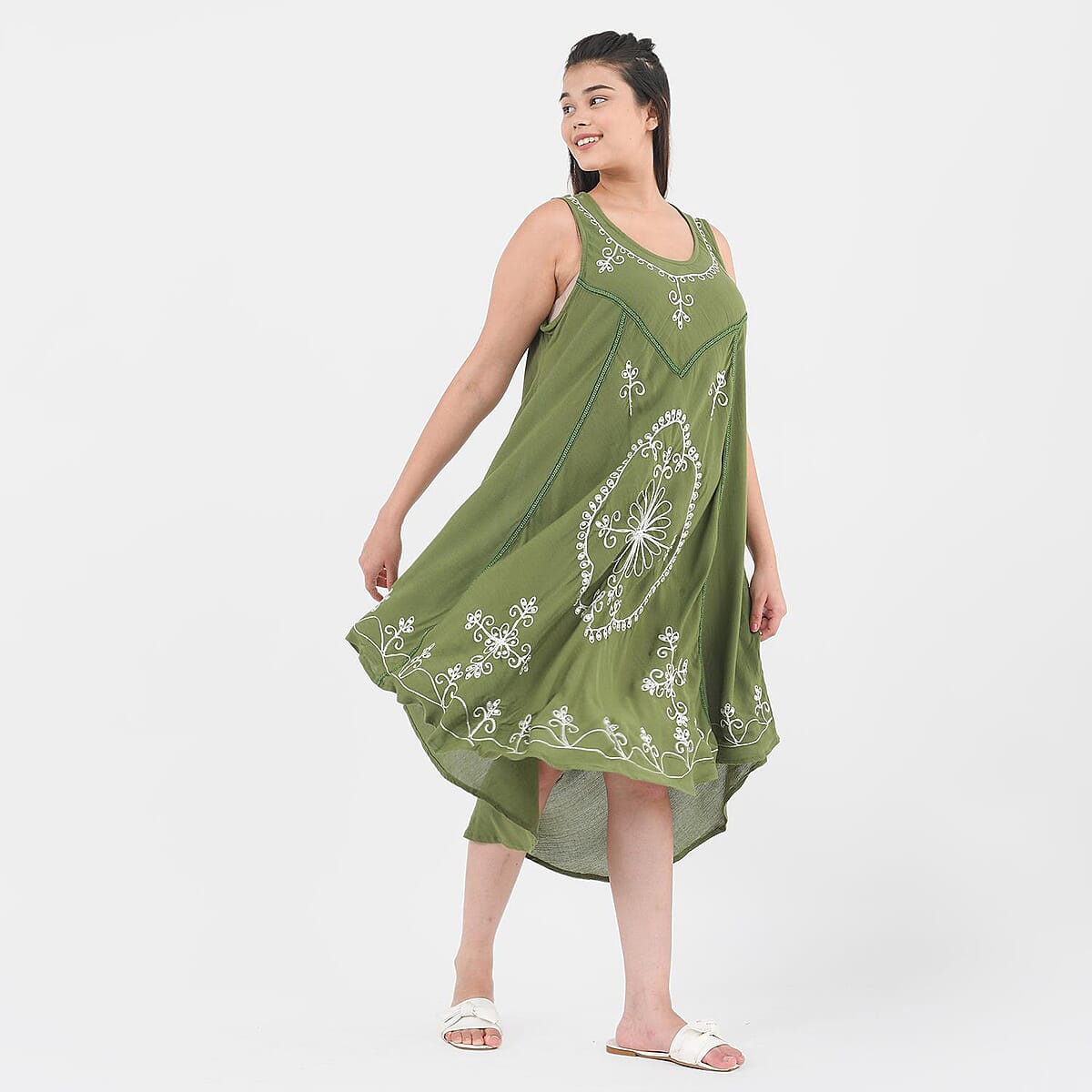 Tamsy, 100% RAYON, UMBRELLA DRESS , SIZE-ONE SIZE MISSY, COLOR- OLIVE image number 2
