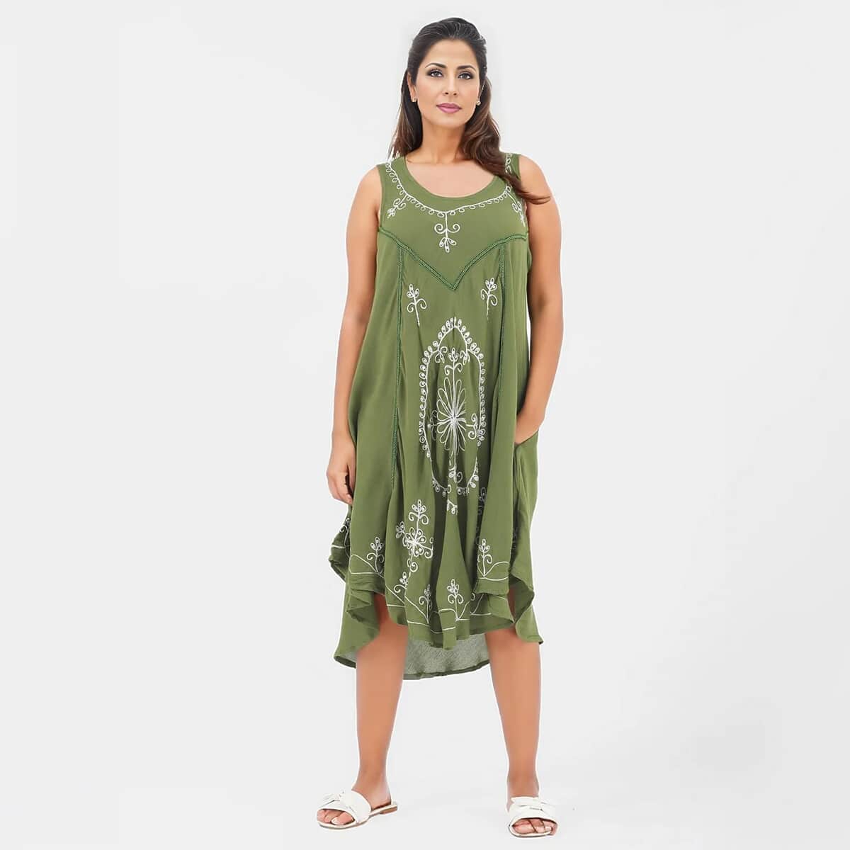 Tamsy Olive Embroidery Umbrella Dress (One Size Plus) image number 0