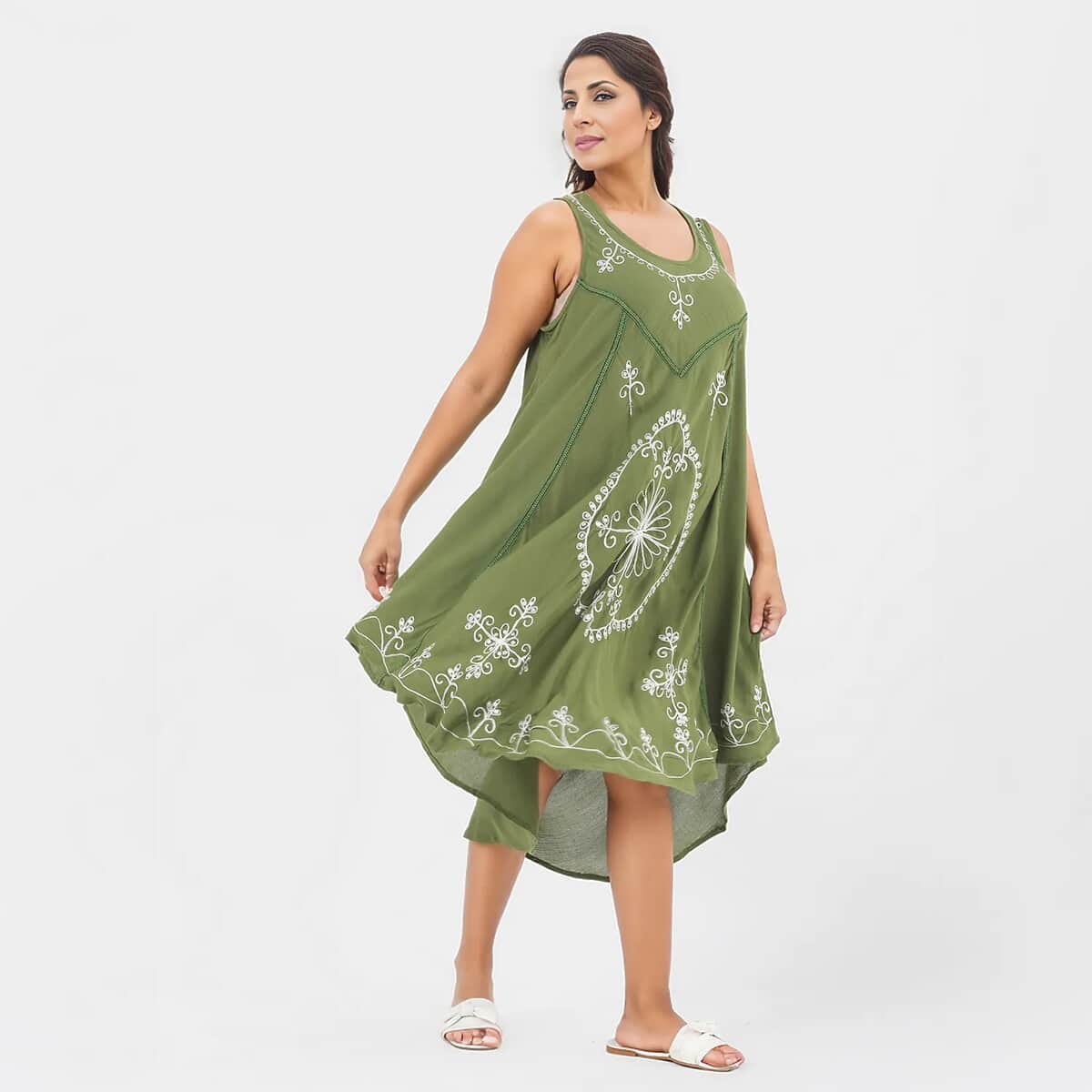 Tamsy Olive Embroidery Umbrella Dress (One Size Plus) image number 2