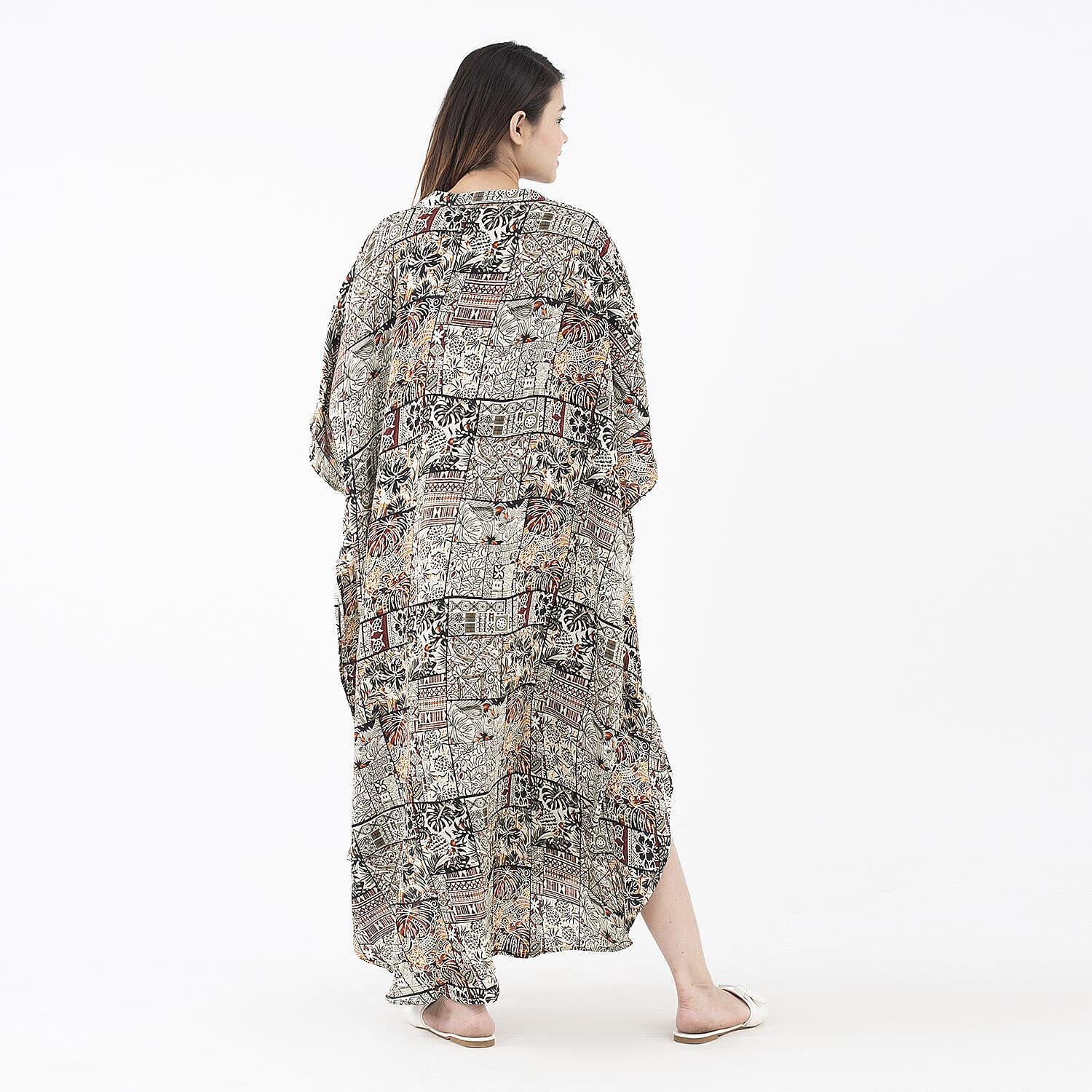 Tamsy Black Bamberg Long Kaftan with Buttons in Front - One Size Fits Most