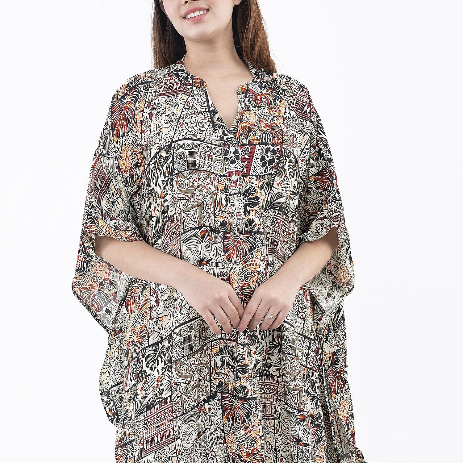 Tamsy Black Bamberg Long Kaftan with Buttons in Front - One Size Fits Most