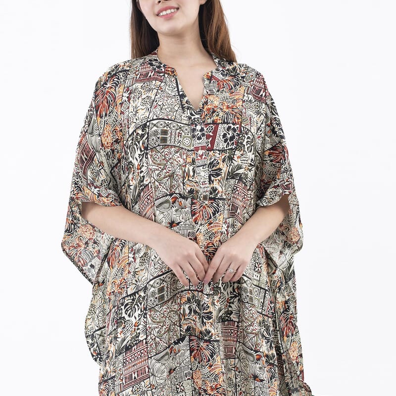 Tamsy Black Bamberg Long Kaftan with Buttons in Front - One Size Fits Most