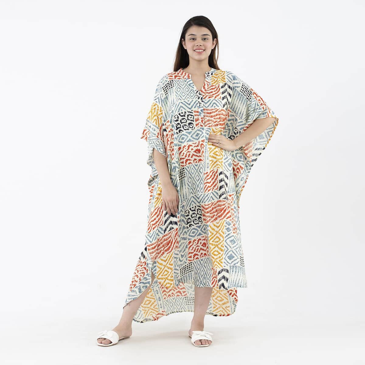 Tamsy Multi Color Bamberg Long Kaftan with Buttons in Front - One Size Fits Most image number 0