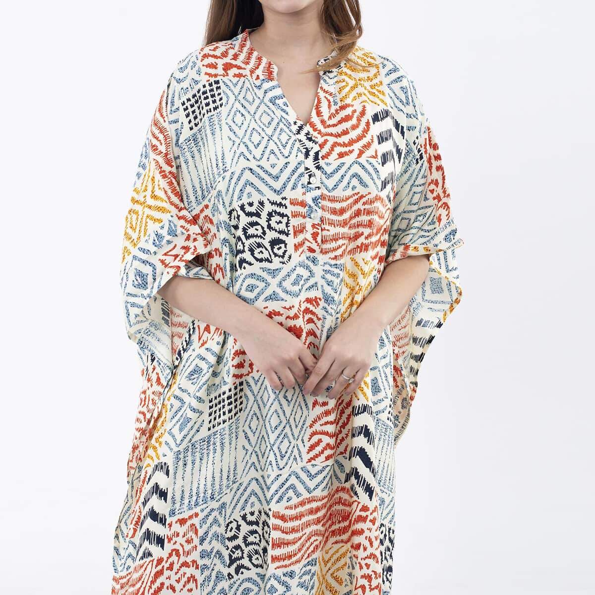 Tamsy Multi Color Bamberg Long Kaftan with Buttons in Front - One Size Fits Most image number 3