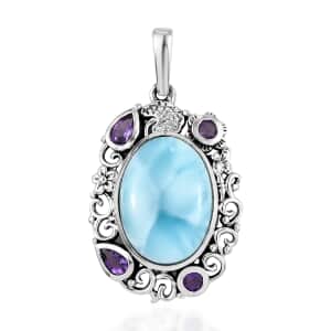 Artisan Crafted Larimar and Amethyst Pendant in Sterling Silver 14.00 ctw