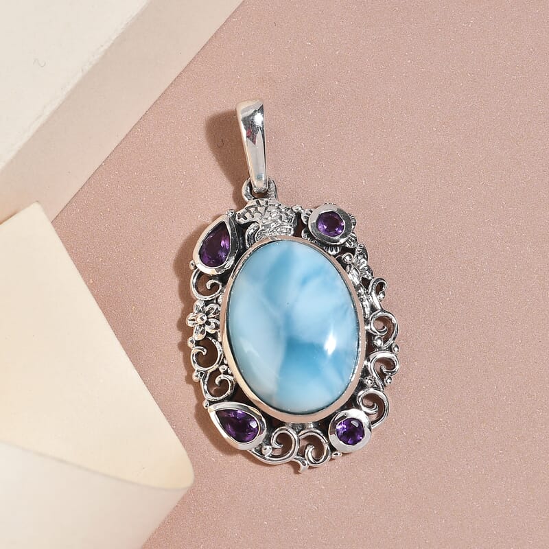 Artisan Crafted Larimar and Amethyst Pendant in Sterling Silver 14.00 ctw