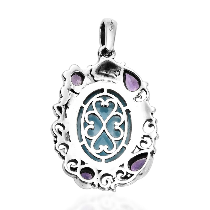 Artisan Crafted Larimar and Amethyst Pendant in Sterling Silver 14.00 ctw