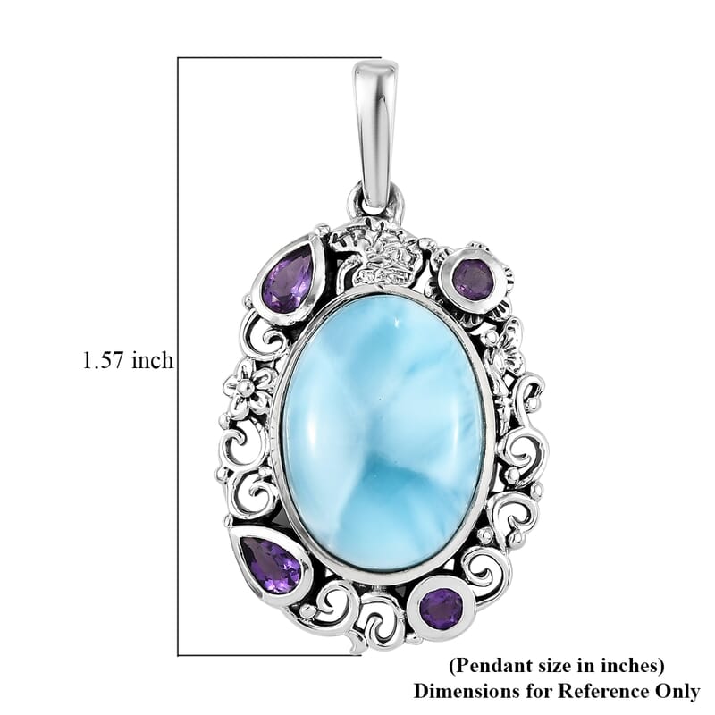 Artisan Crafted Larimar and Amethyst Pendant in Sterling Silver 14.00 ctw