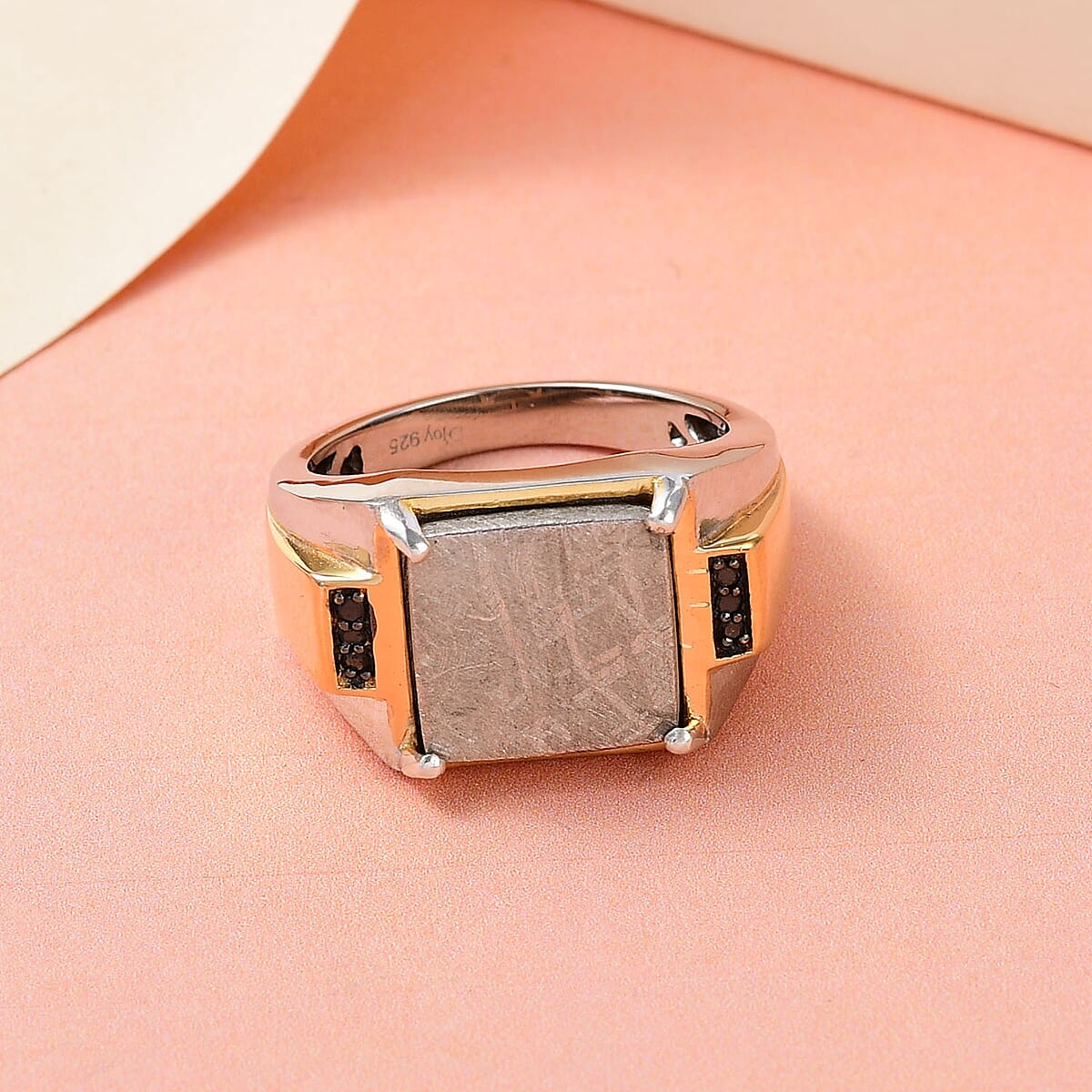 Marvelous Meteorite and Black Diamond Men's Ring in Vermeil Yellow Gold and Platinum Over Sterling Silver 8.40 Grams 0.05 ctw image number 1