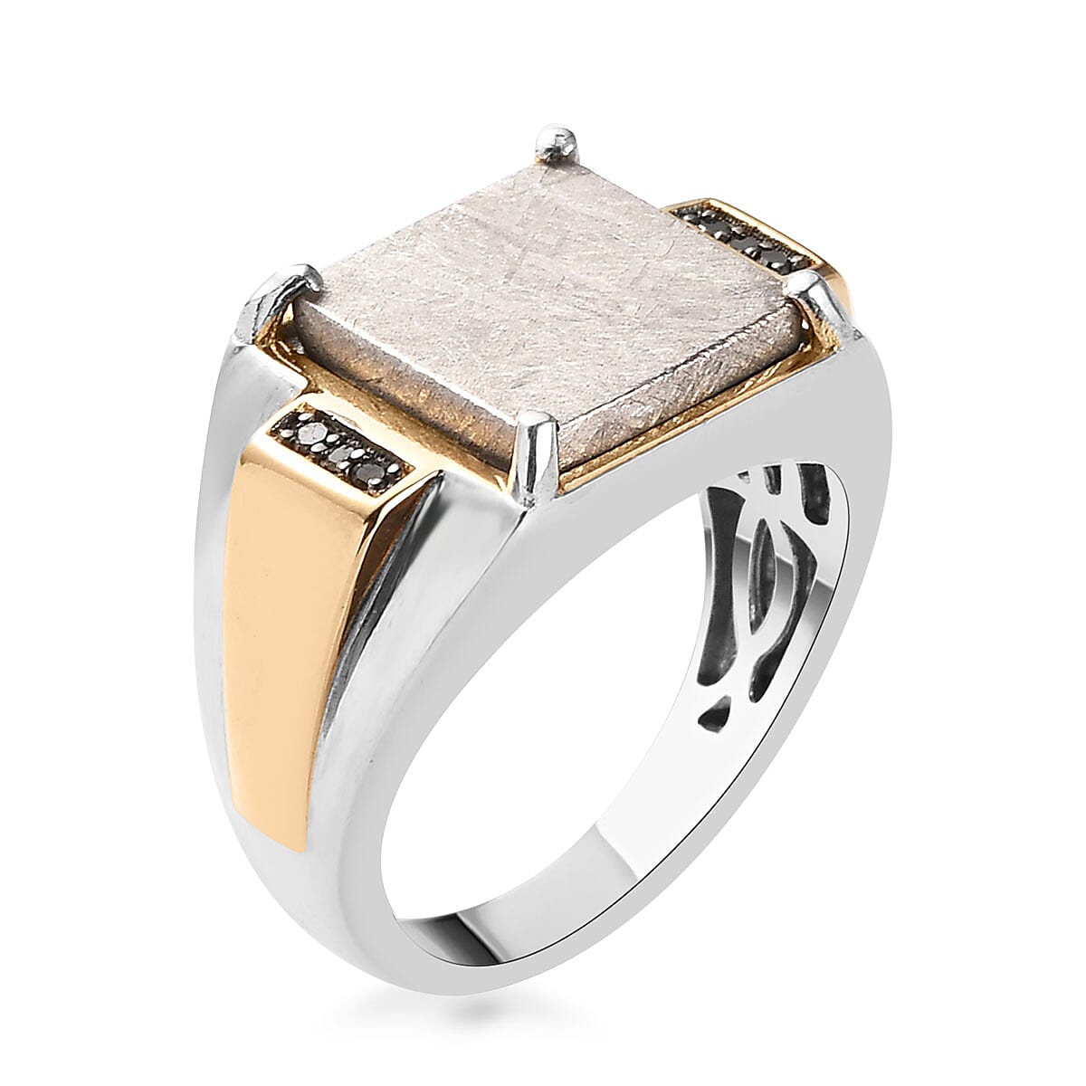 Marvelous Meteorite and Black Diamond Men's Ring in Vermeil Yellow Gold and Platinum Over Sterling Silver 8.40 Grams 0.05 ctw image number 3