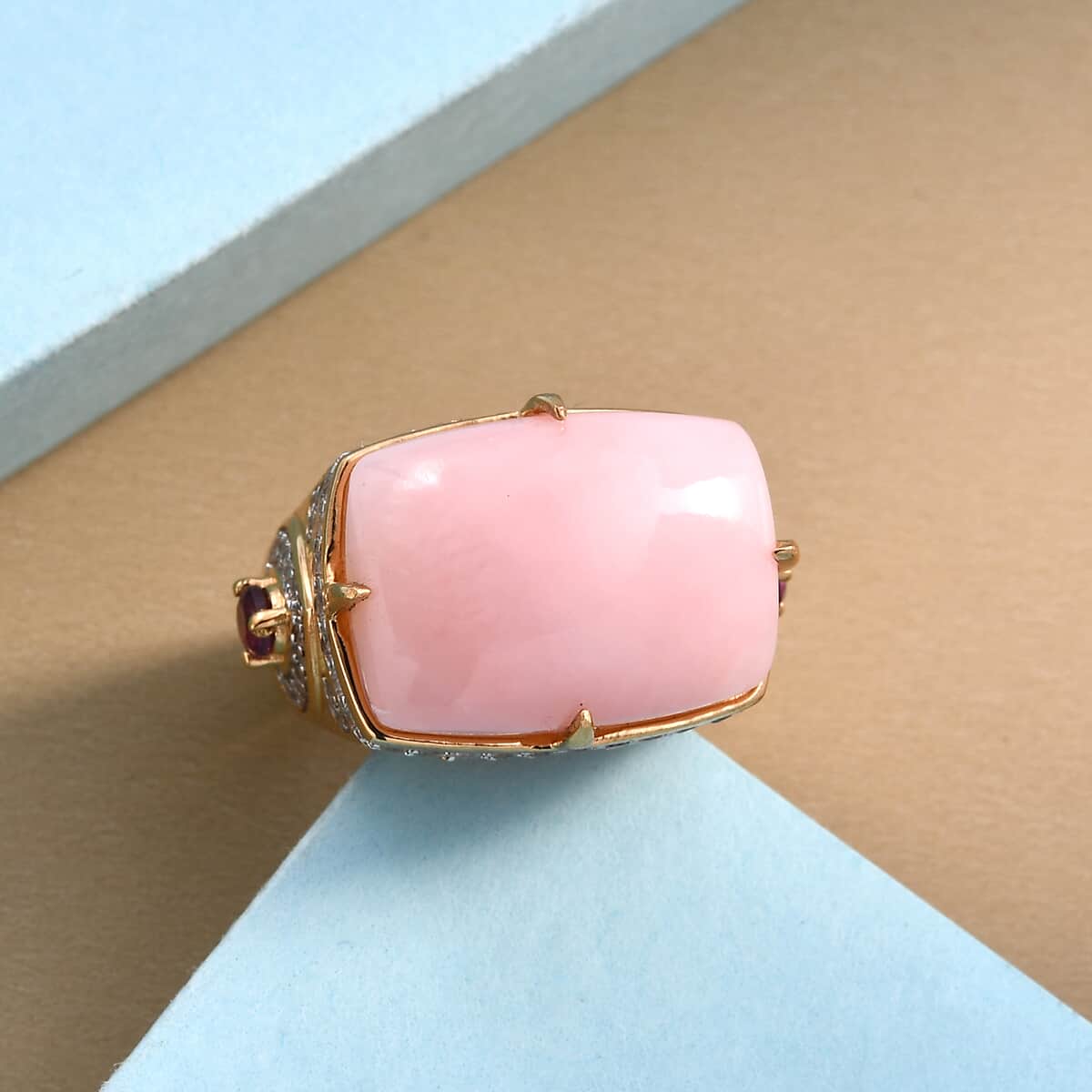 Peruvian Pink Opal and Multi Gemstone Ring in Vermeil Yellow Gold Over Sterling Silver (Size 10.0) 12.90 ctw image number 1