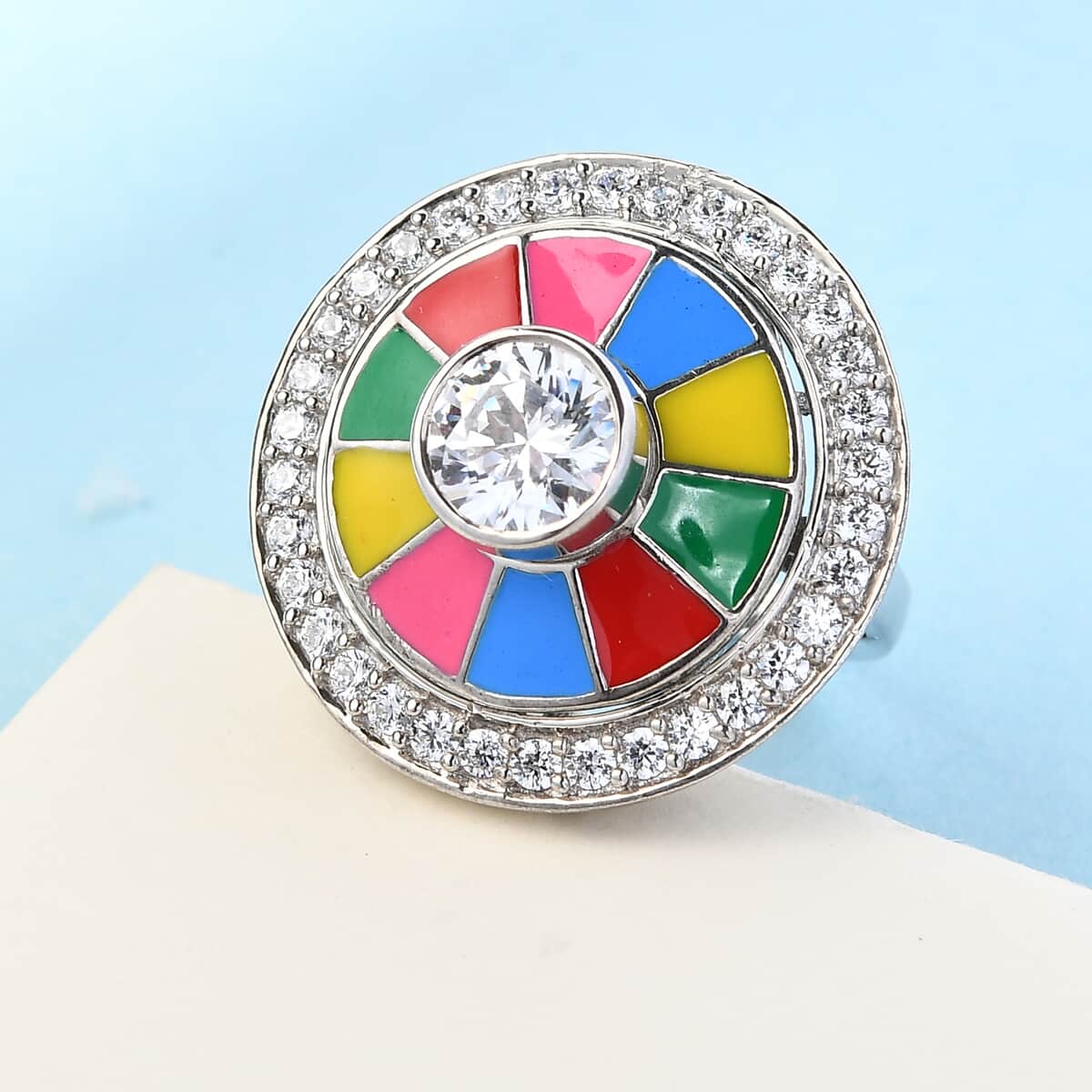 LUSTRO STELLA Made with Finest CZ and Multi Color Enameled Flower Ring in Platinum Over Sterling Silver (Size 10.0) 8.50 Grams 3.50 ctw image number 1