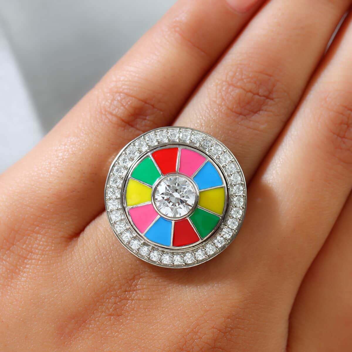 LUSTRO STELLA Made with Finest CZ and Multi Color Enameled Flower Ring in Platinum Over Sterling Silver (Size 10.0) 8.50 Grams 3.50 ctw image number 2