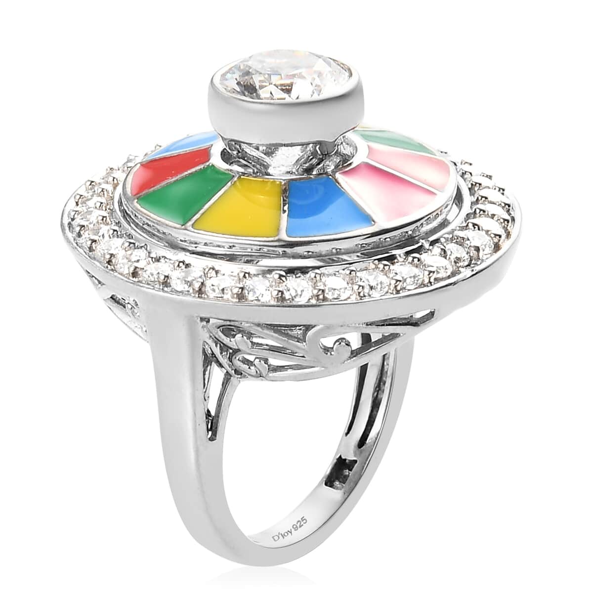 LUSTRO STELLA Made with Finest CZ and Multi Color Enameled Flower Ring in Platinum Over Sterling Silver (Size 10.0) 8.50 Grams 3.50 ctw image number 3