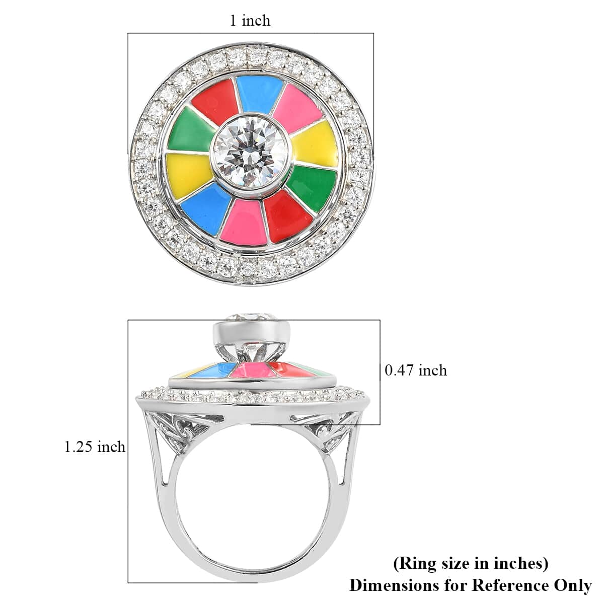 LUSTRO STELLA Made with Finest CZ and Multi Color Enameled Flower Ring in Platinum Over Sterling Silver 8.50 Grams 3.50 ctw image number 5