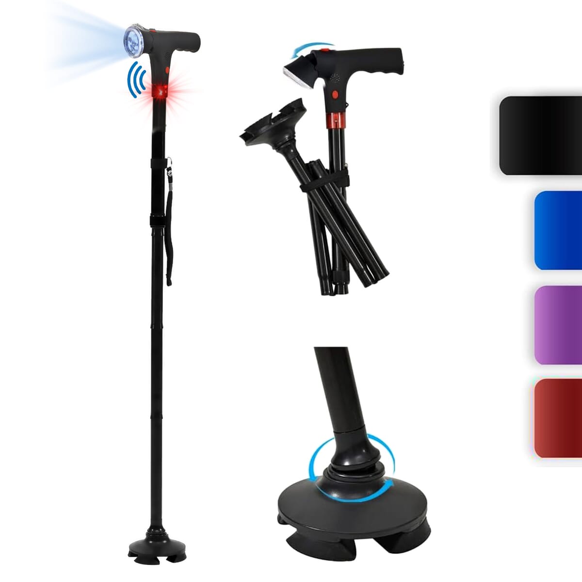 Black 5 Gears Expansion and 3 Sections Foldable Smart Walking Cane with LED Light (2xAAA Not Included) image number 0