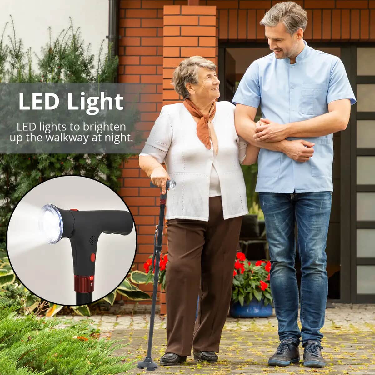 Black 5 Gears Expansion and 3 Sections Foldable Smart Walking Cane with LED Light (2xAAA Not Included) image number 1