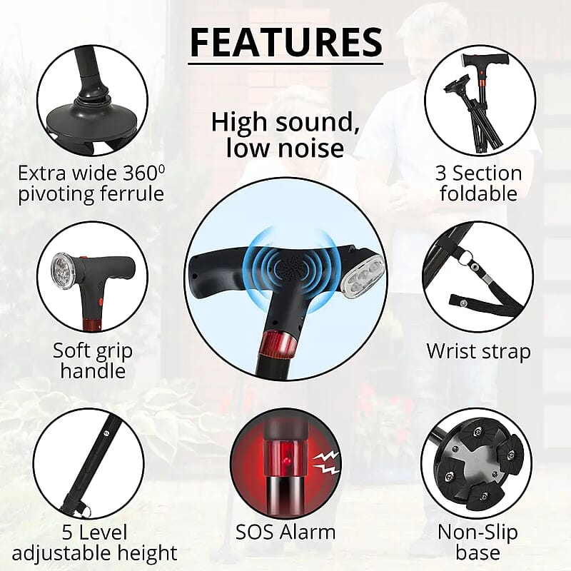 Black Foldable Smart Walking Cane with LED Light and SOS Alarm (2xAAA Not Included)