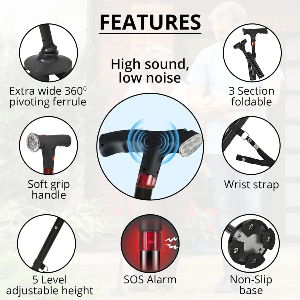 Black 5 Gears Expansion and 3 Sections Foldable Smart Walking Cane with LED Light (2xAAA Not Included) image number 2