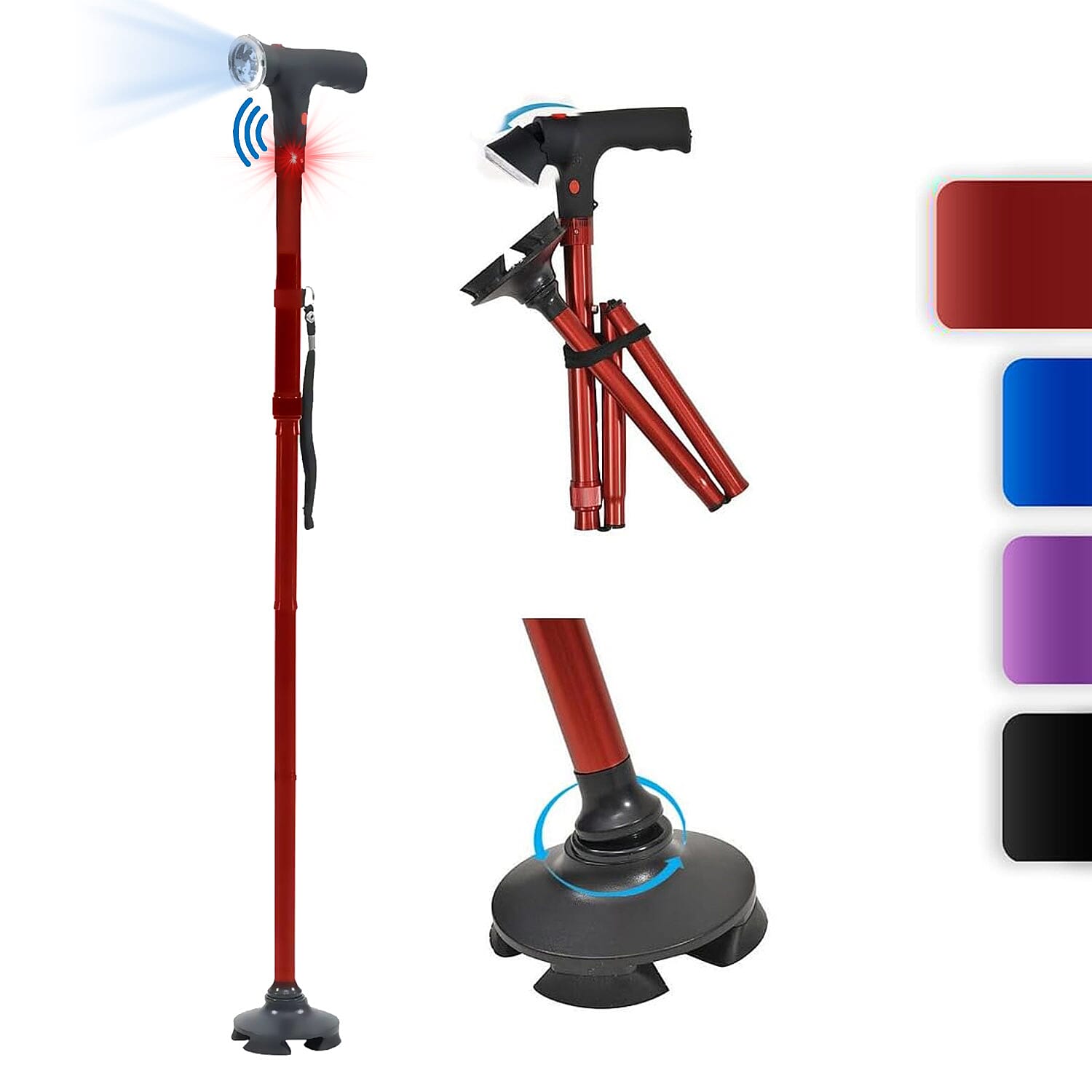 Black 5 Gears Expansion and 3 Sections Foldable Smart Walking Cane with LED Light (2xAAA Not Included)