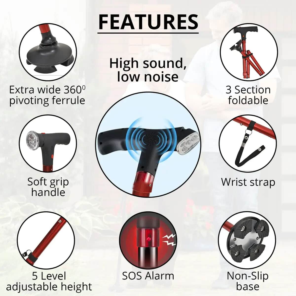 Red Foldable Smart Walking Cane with LED Light and SOS Alarm (2xAAA Not Included) image number 2