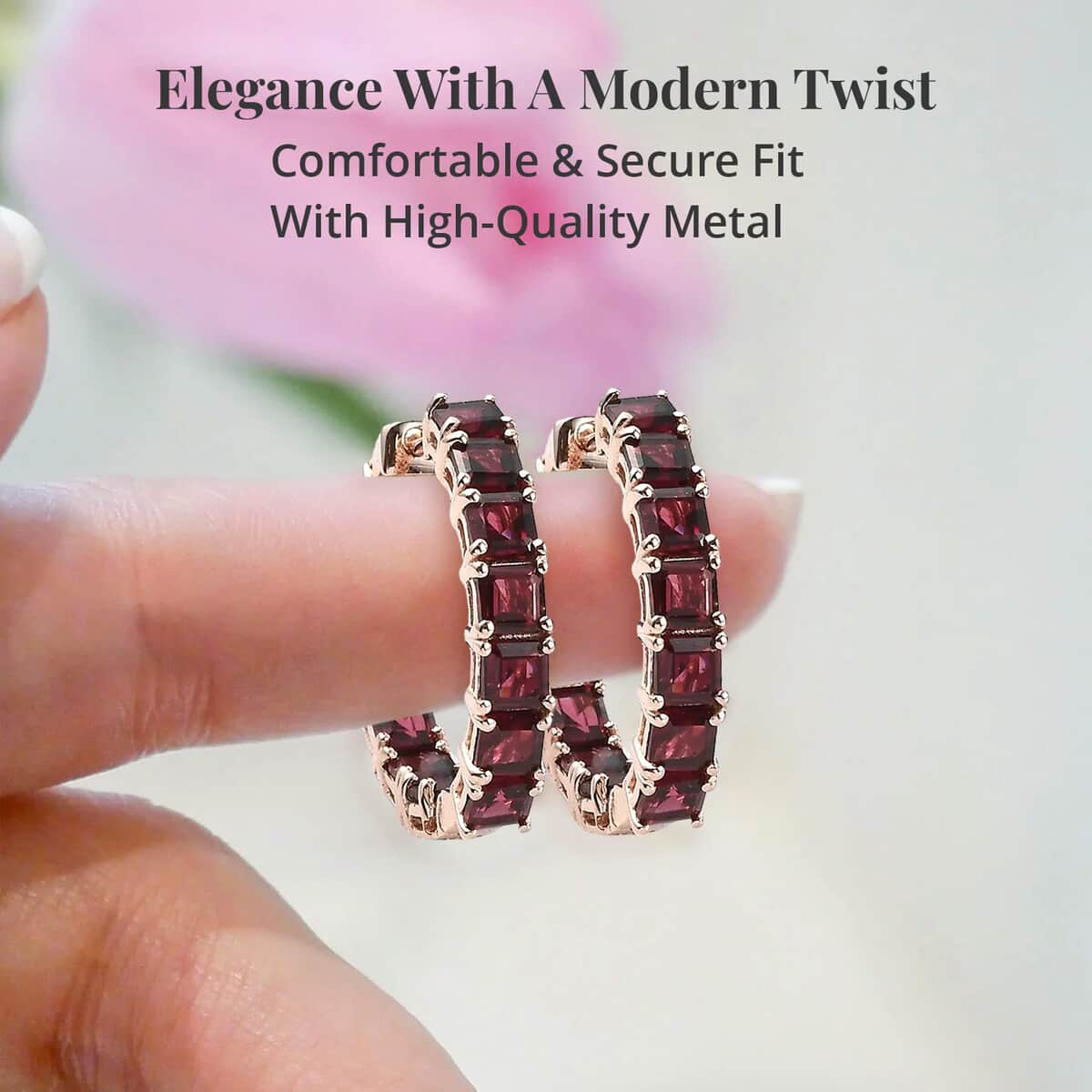 Asscher Cut Orissa Rhodolite Garnet Inside Out Hoop Earrings in Vermeil Rose Gold Over Sterling Silver 11.10 ctw image number 3