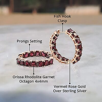 Asscher Cut Orissa Rhodolite Garnet Inside Out Hoop Earrings in Vermeil Rose Gold Over Sterling Silver 11.10 ctw
