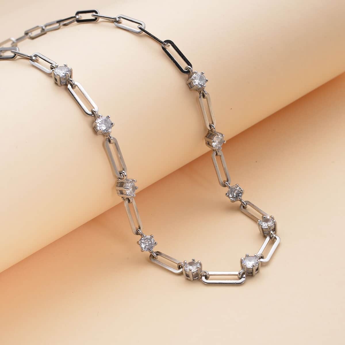 Simulated Diamond Paper Clip Chain Station Necklace 20 Inches in Stainless Steel 10.50 ctw image number 1