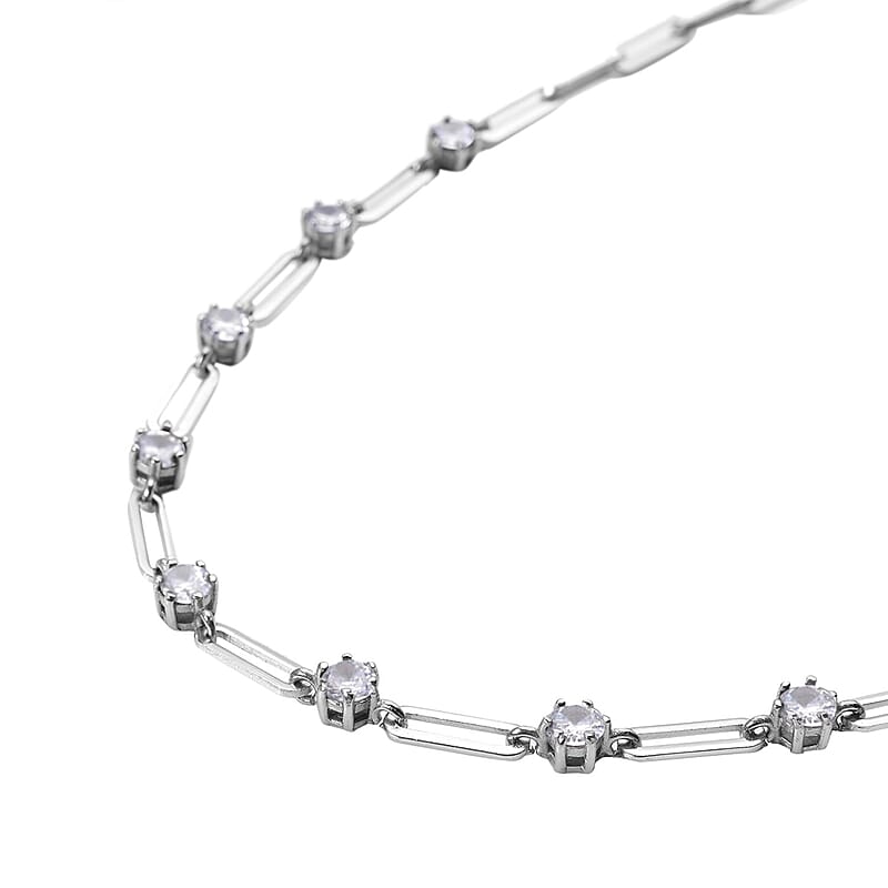 Simulated Diamond Paper Clip Chain Station Necklace 20 Inches in Stainless Steel 10.50 ctw