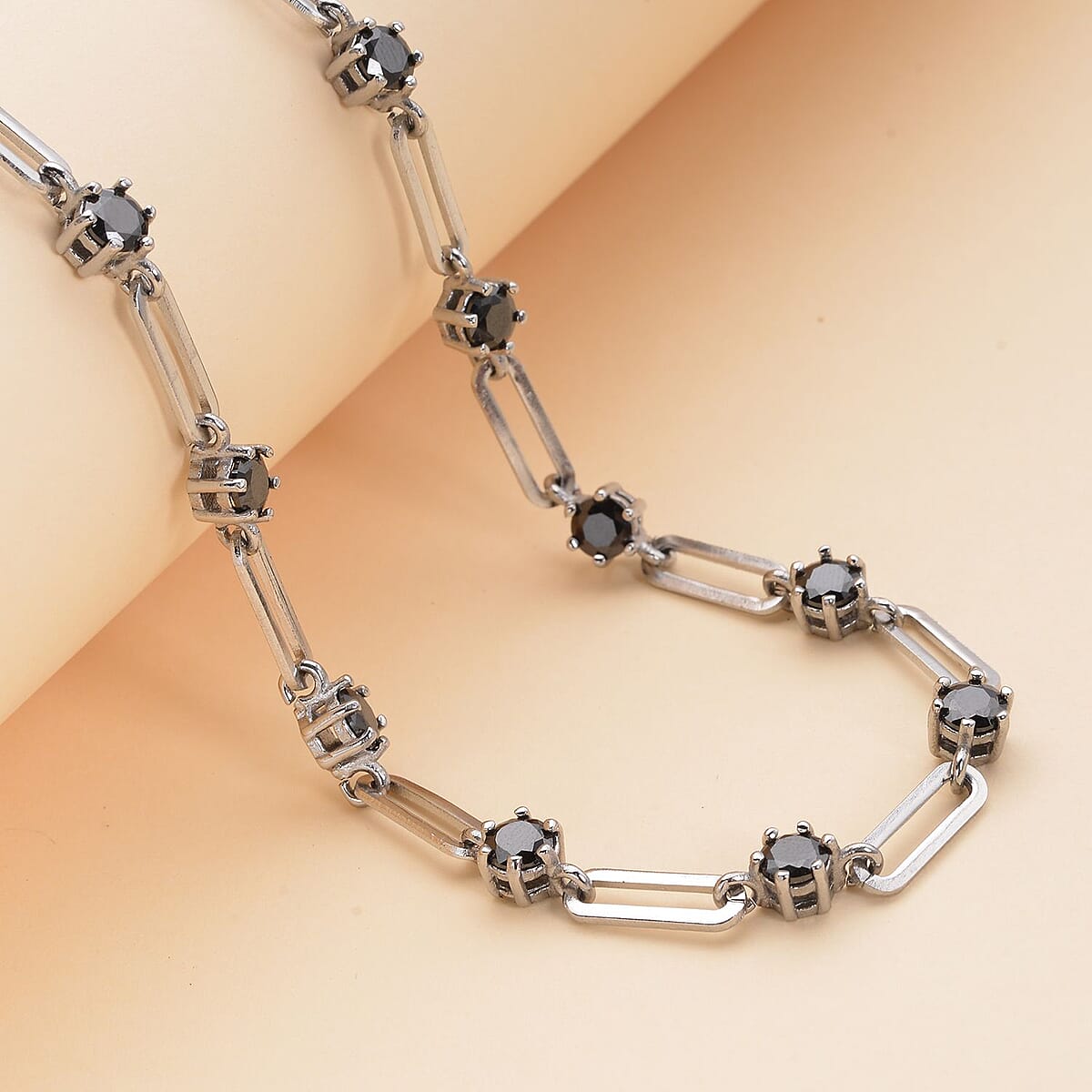 Simulated Black Diamond Paper Clip Chain Station Necklace 20 Inches in Stainless Steel 10.50 ctw image number 1