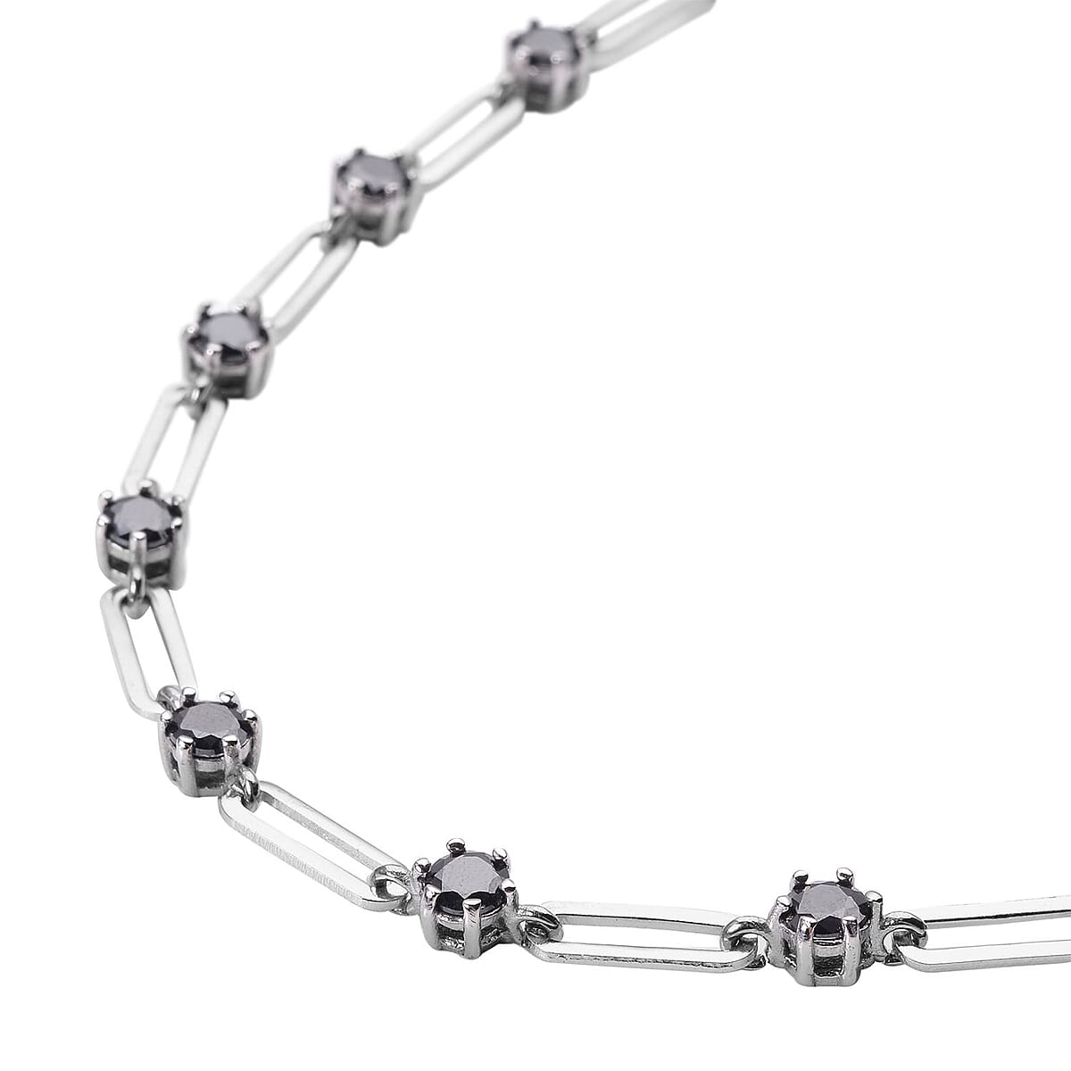 Simulated Black Diamond Paper Clip Chain Station Necklace 20 Inches in Stainless Steel 10.50 ctw image number 2