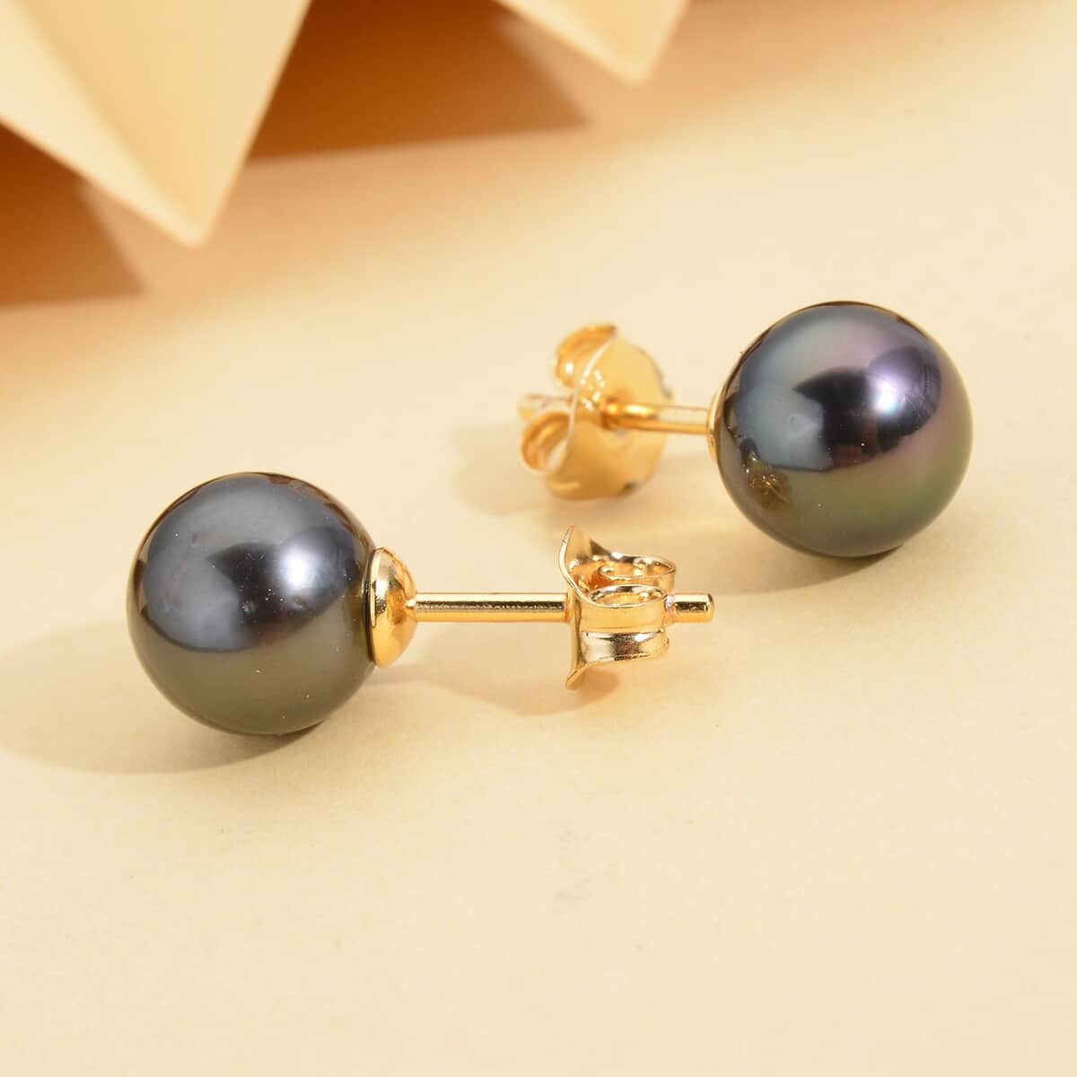 Tahitian Cultured Pearl Stud Earrings in Vermeil Yellow Gold Over Sterling Silver image number 1