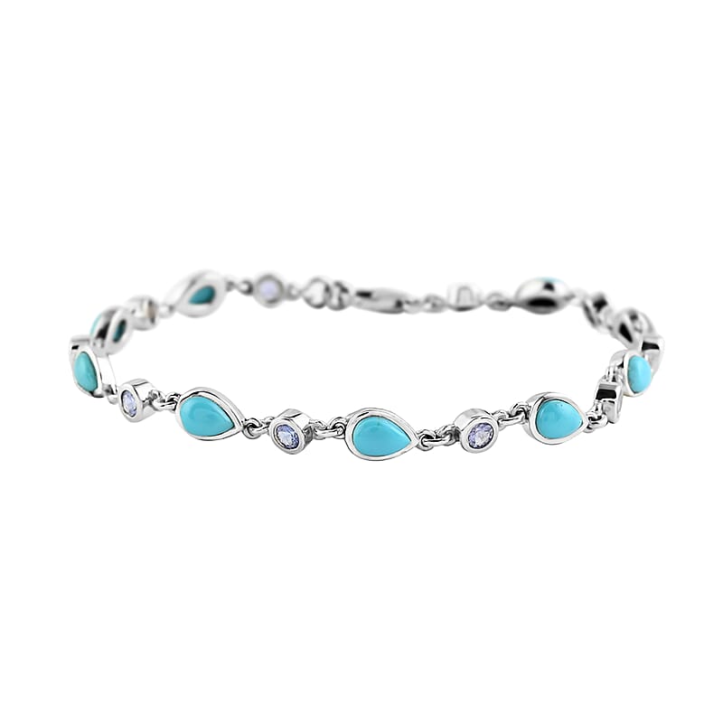 AMERICAN Natural Sleeping Beauty Turquoise and Tanzanite Bracelet in Platinum Over Sterling Silver (6.50 In) 3.85 ctw