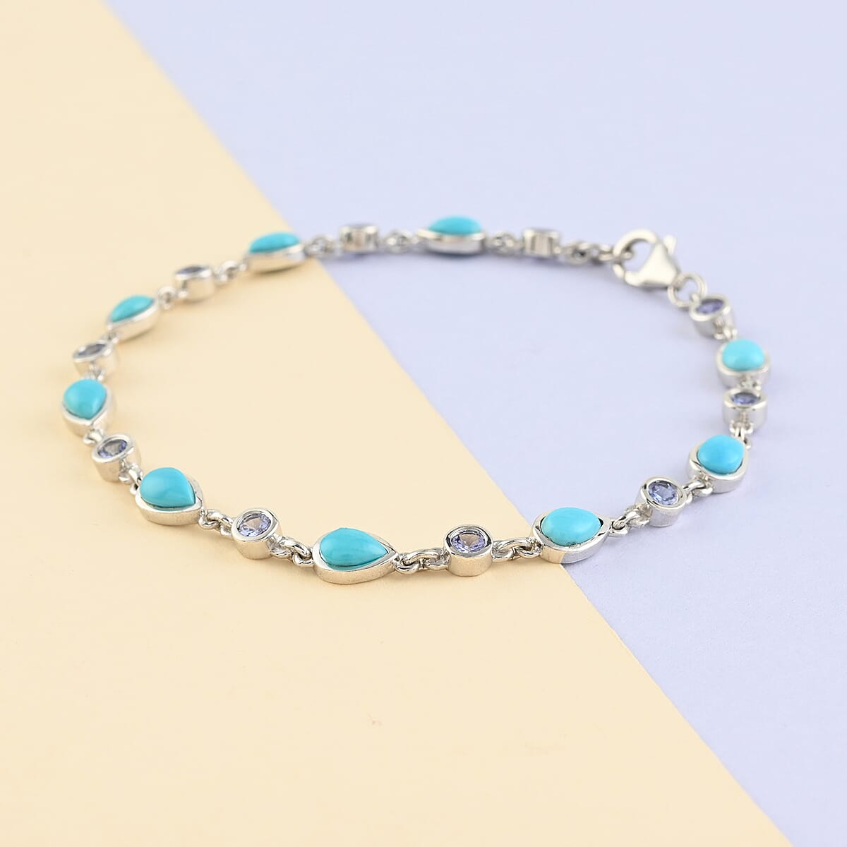 AMERICAN Natural Sleeping Beauty Turquoise and Tanzanite Bracelet in Platinum Over Sterling Silver (7.25 In) 7.25 Grams 4.35 ctw image number 1