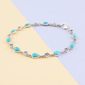 Sleeping Beauty Turquoise and Tanzanite Bracelet in Platinum Over Sterling Silver (7.25 In) 4.35 ctw