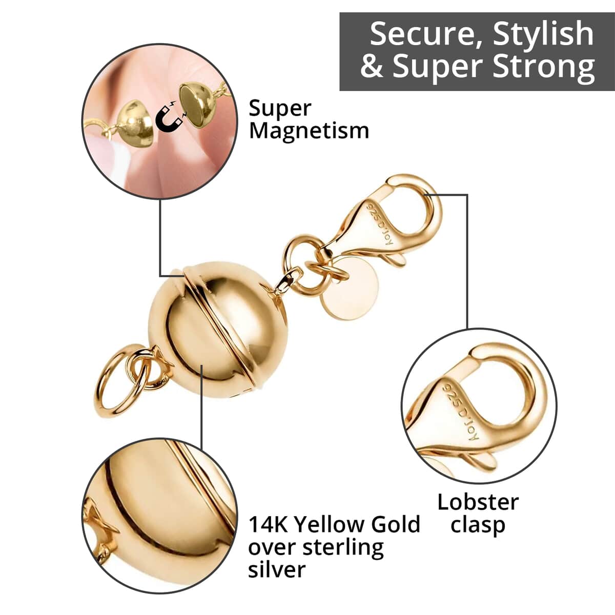 14K Yellow Gold Over Sterling Silver Magnetic Lock, Jewelry Lock with Lobster Clasp, Silver Jewelry Clasp, Round Magnetic Lock in Silver 2.30 Grams image number 1