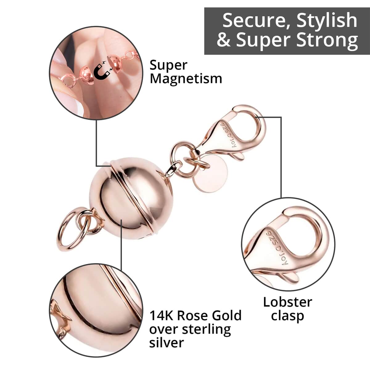 14K Rose Gold Over Sterling Silver Magnetic Lock, Jewelry Lock with Lobster Clasp, Silver Jewelry Clasp, Round Magnetic Lock in Silver 2.50 Grams image number 1