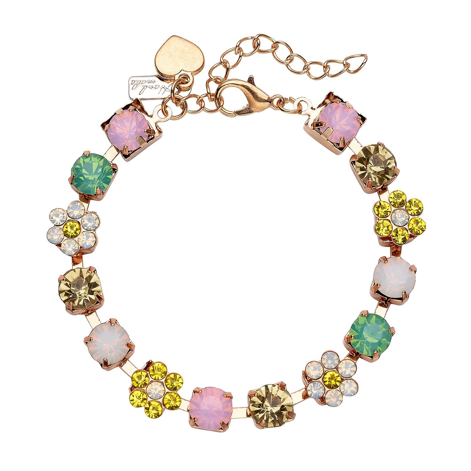 Multi Color Austrian Crystal Bracelet with Heart Charm in Goldtone (7.50-9.50In)