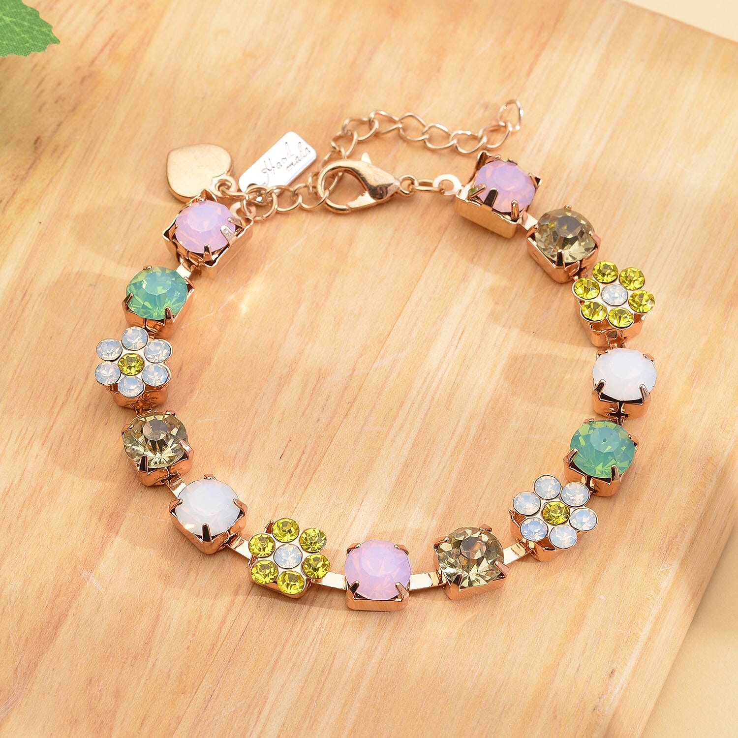 Multi Color Austrian Crystal Bracelet with Heart Charm in Goldtone (7.50-9.50In)