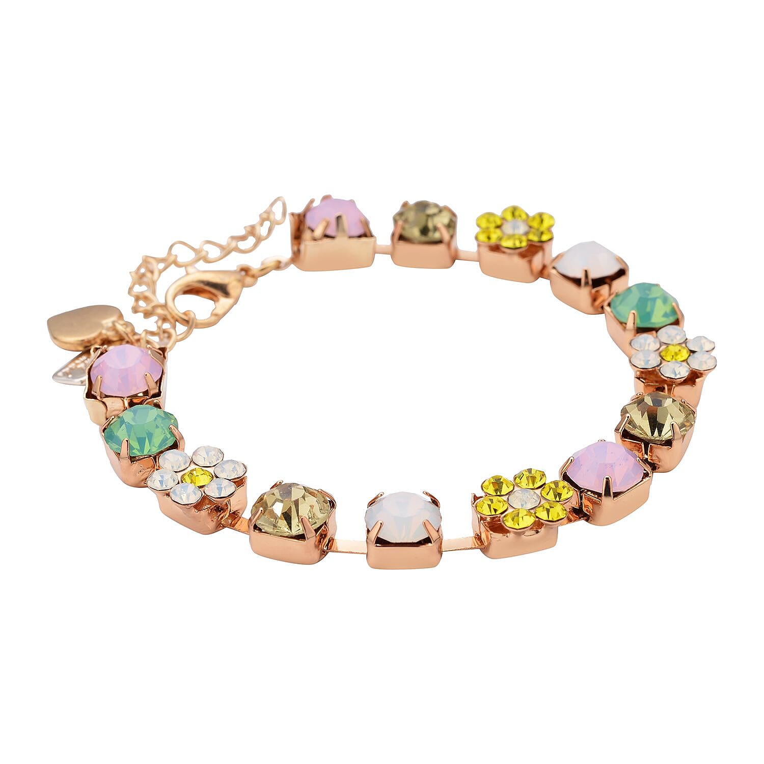 Multi Color Austrian Crystal Bracelet with Heart Charm in Goldtone (7.50-9.50In)