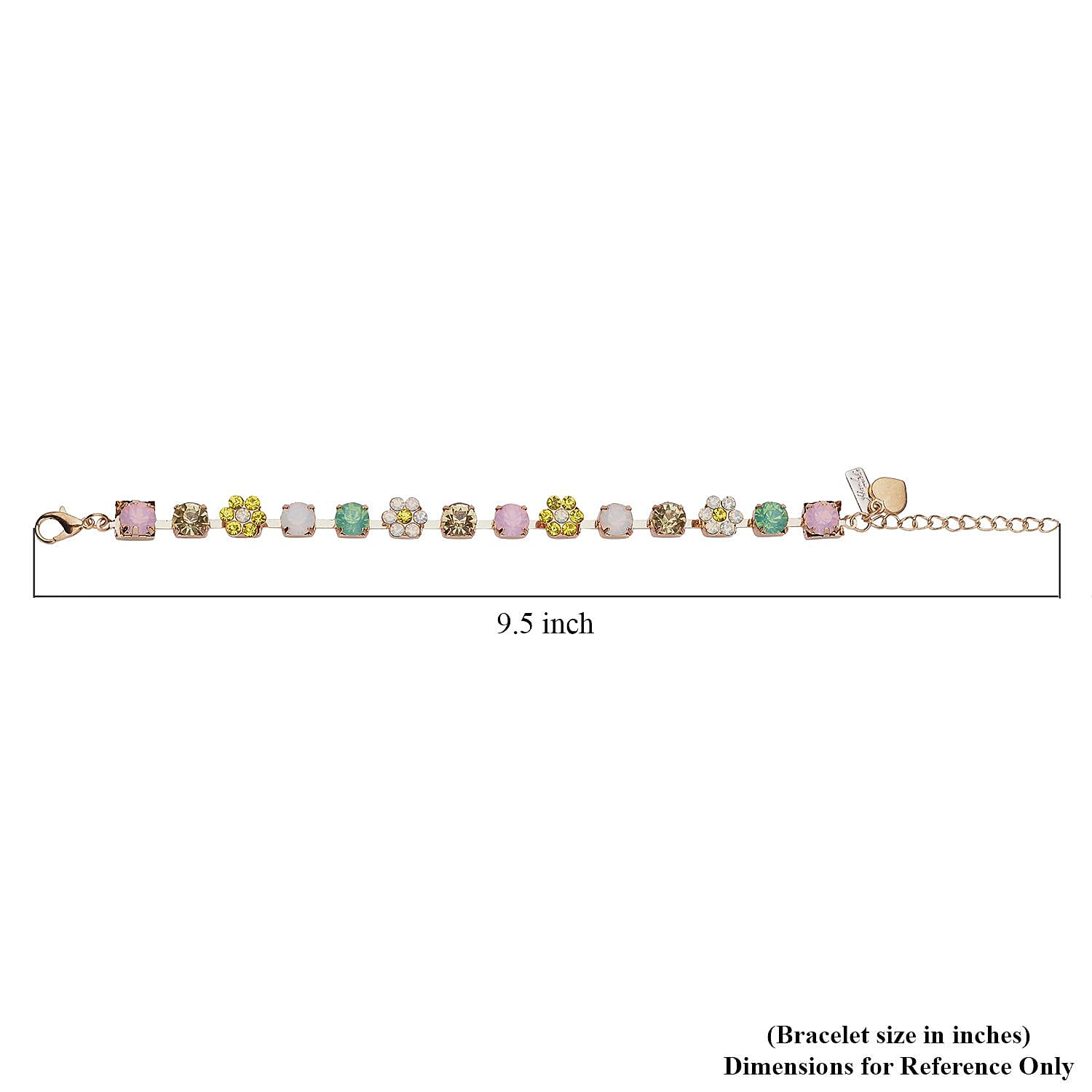 Multi Color Austrian Crystal Bracelet with Heart Charm in Goldtone (7.50-9.50In)