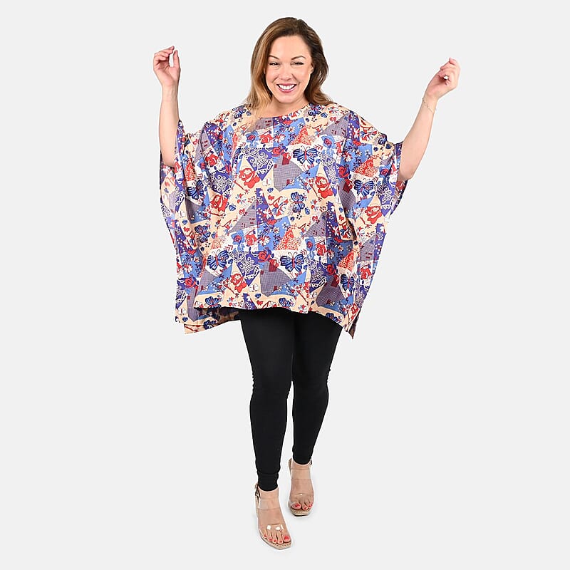 Tamsy Blue Butterfly Woven Kaftan Top- One Size Missy