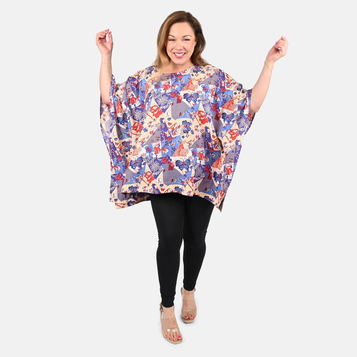 Tamsy Blue Butterfly Woven Kaftan Top- One Size Missy image number 0